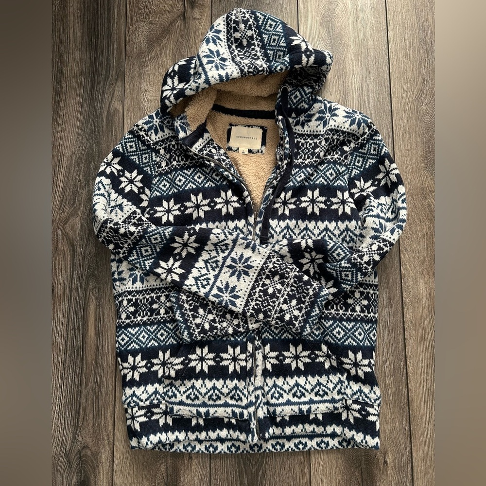 Aéropostale Sherpa Lined Fair Isle Zip Hoodie Jacket – Size M - Picture 3 of 15